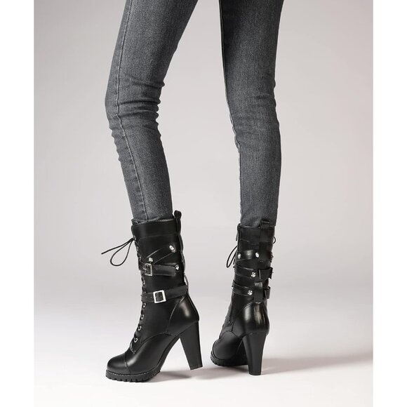 Women's Black Susanny High Heel Platform Lace Up Mid Calf Boots - Picture 8 of 9